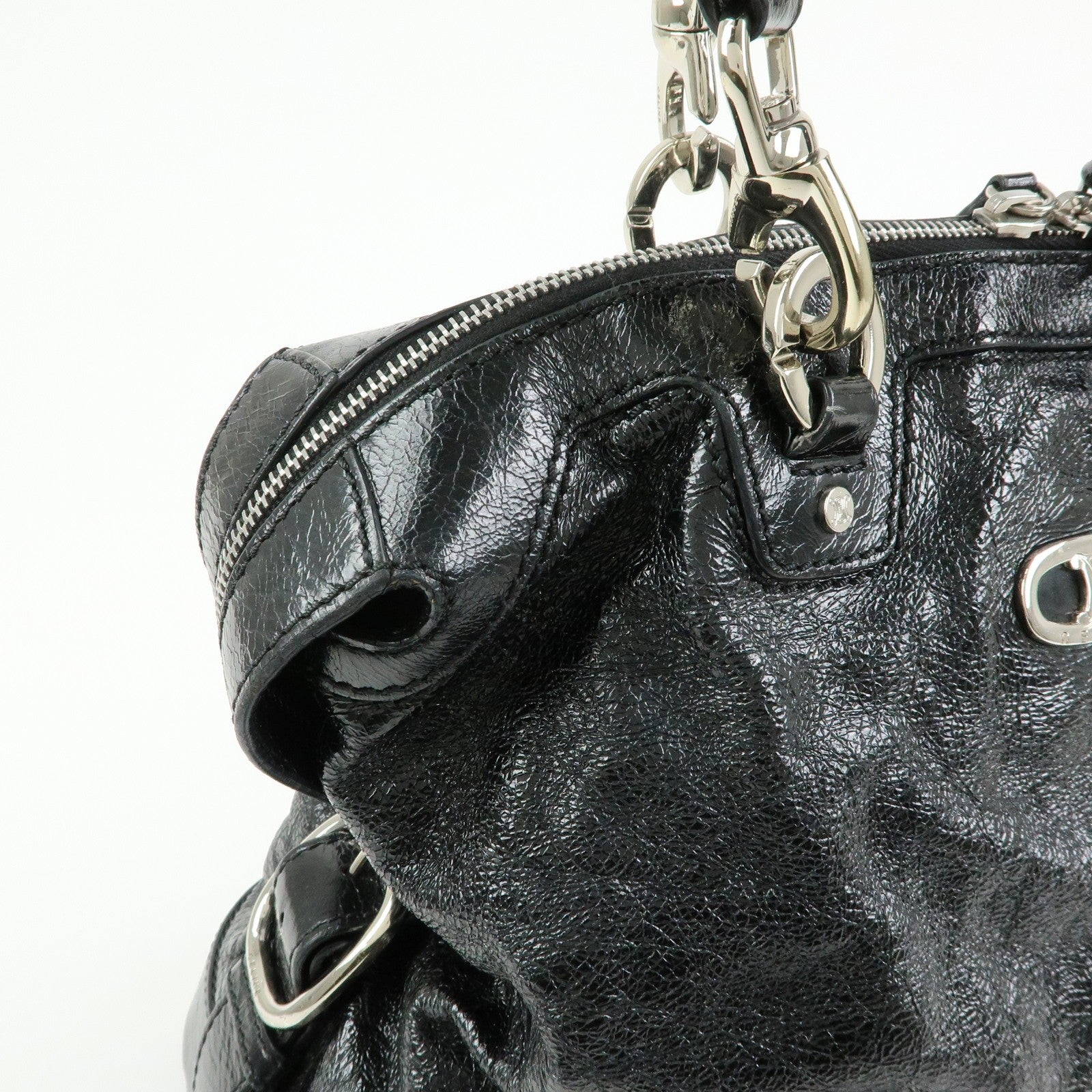 Celine Macadam Stamped Boston Hand Bag - Black, Patent Leather