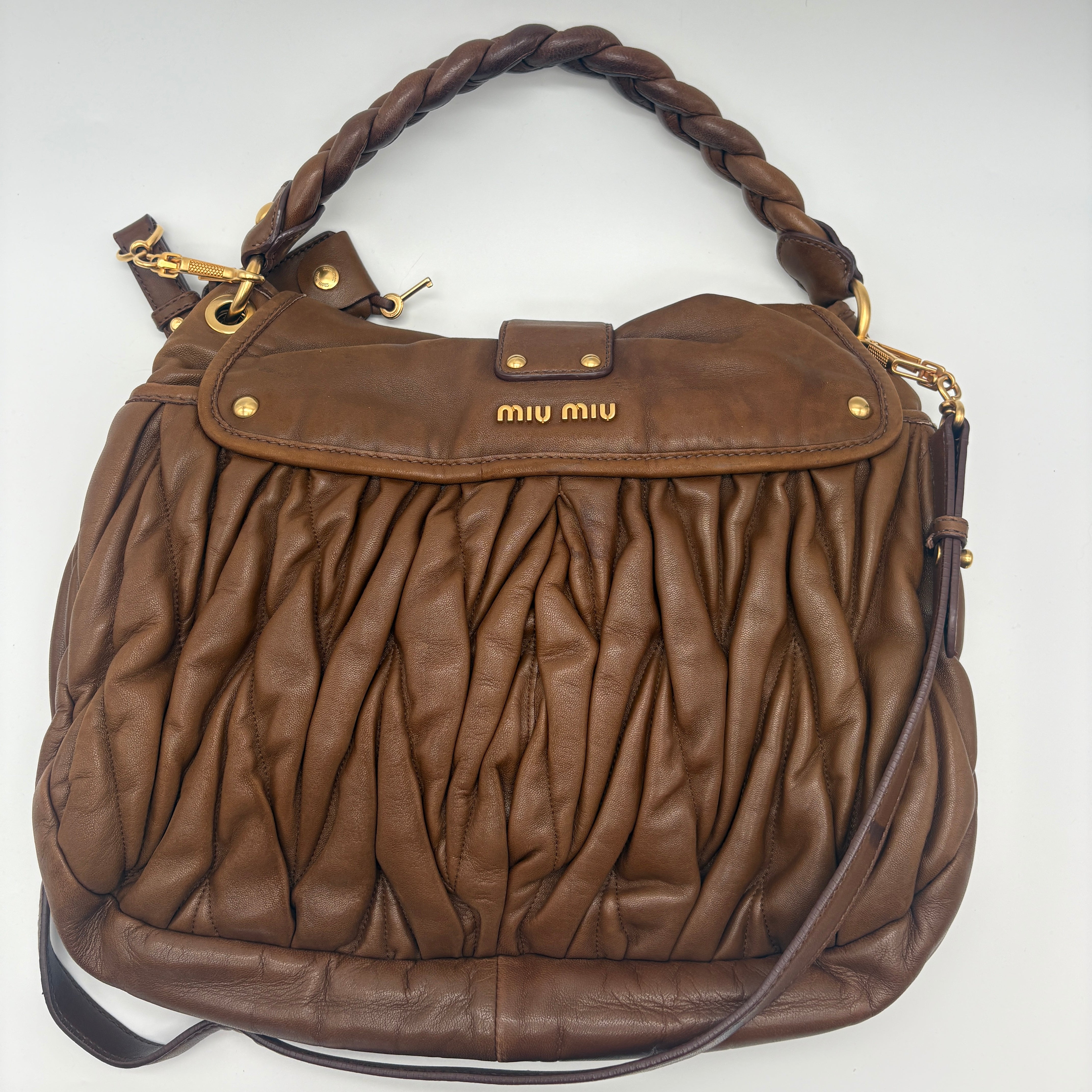 Miu Miu GHW 2 Way Shoulder Bag Leather Brown