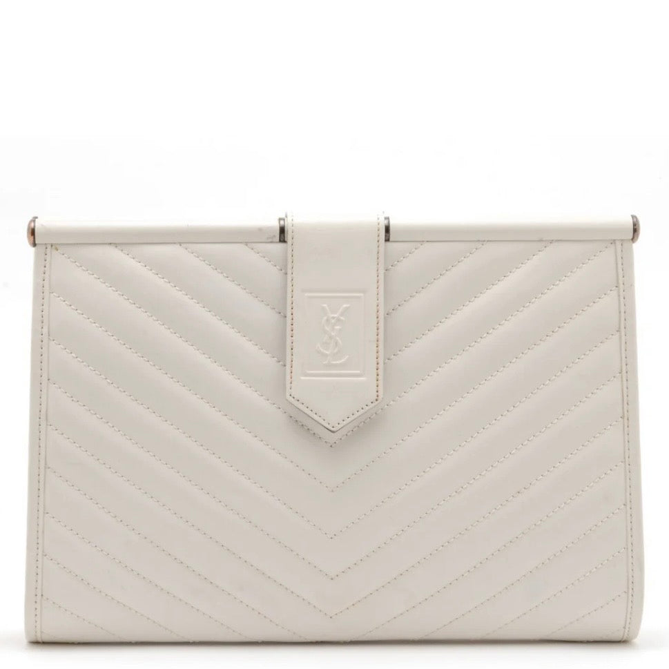 Saint Laurent Chevron Quilted Clutch Bag - White, Leather