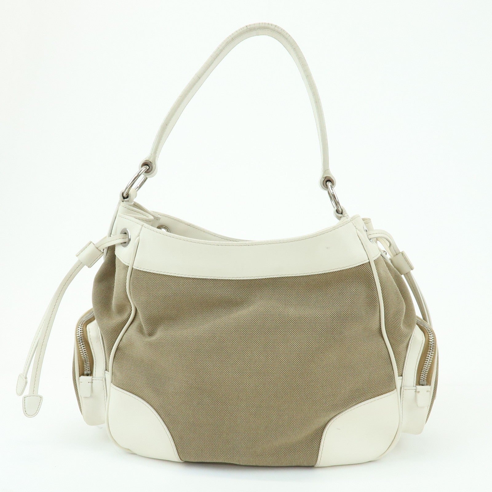 Prada Triangle Logo Shoulder Bag - Beige Ivory, Nylon Jacquard Leather
