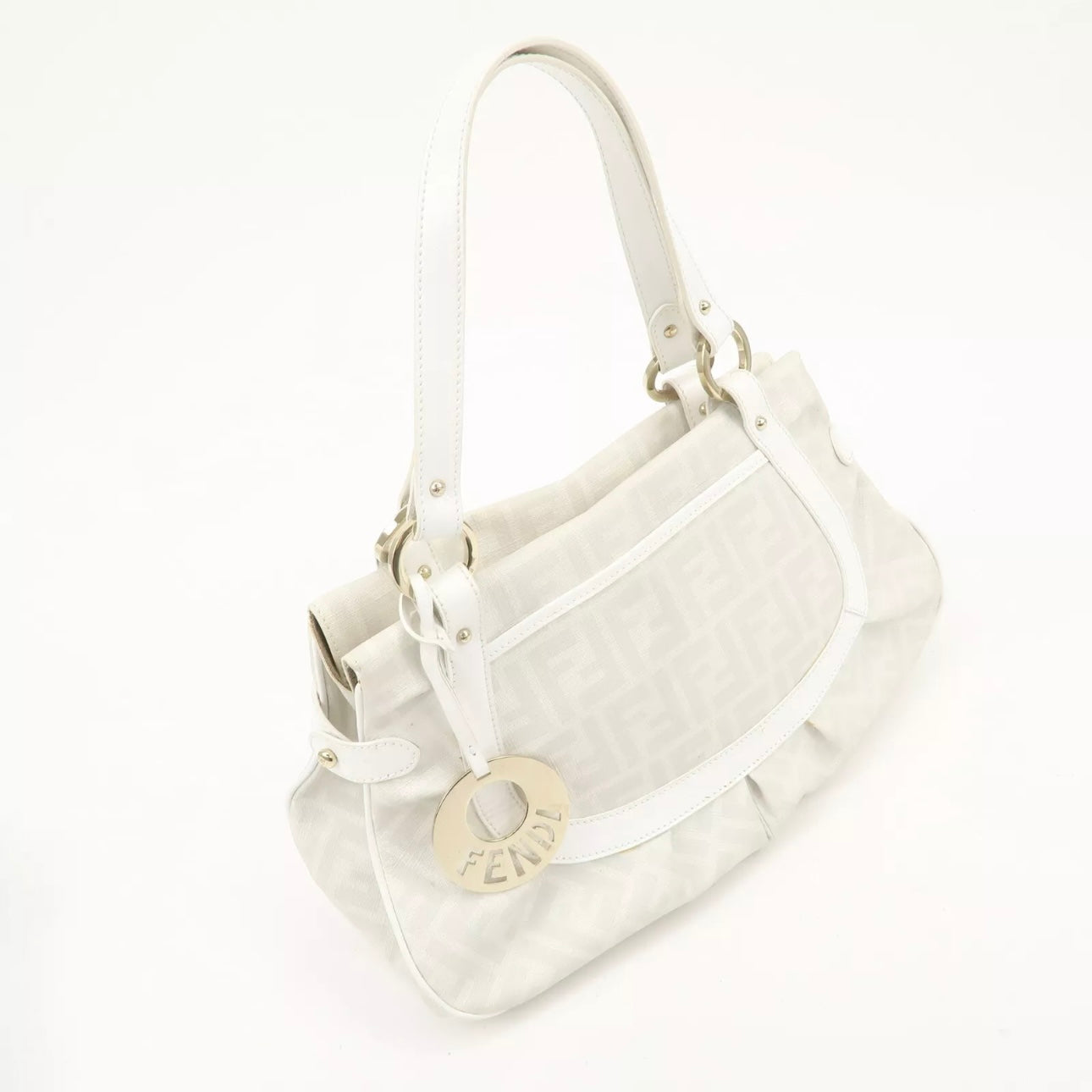 FENDI Zucca PVC Leather Shoulder Bag White Gold Hardware