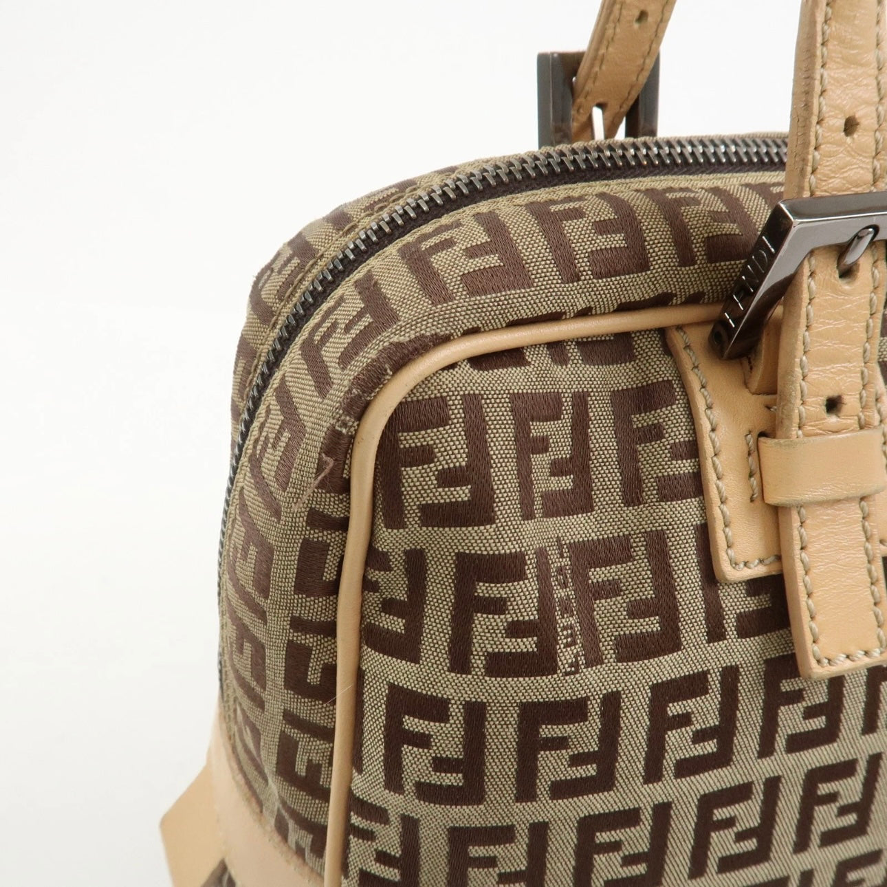 FENDI Zucchino Canvas Leather Shoulder Bag Beige