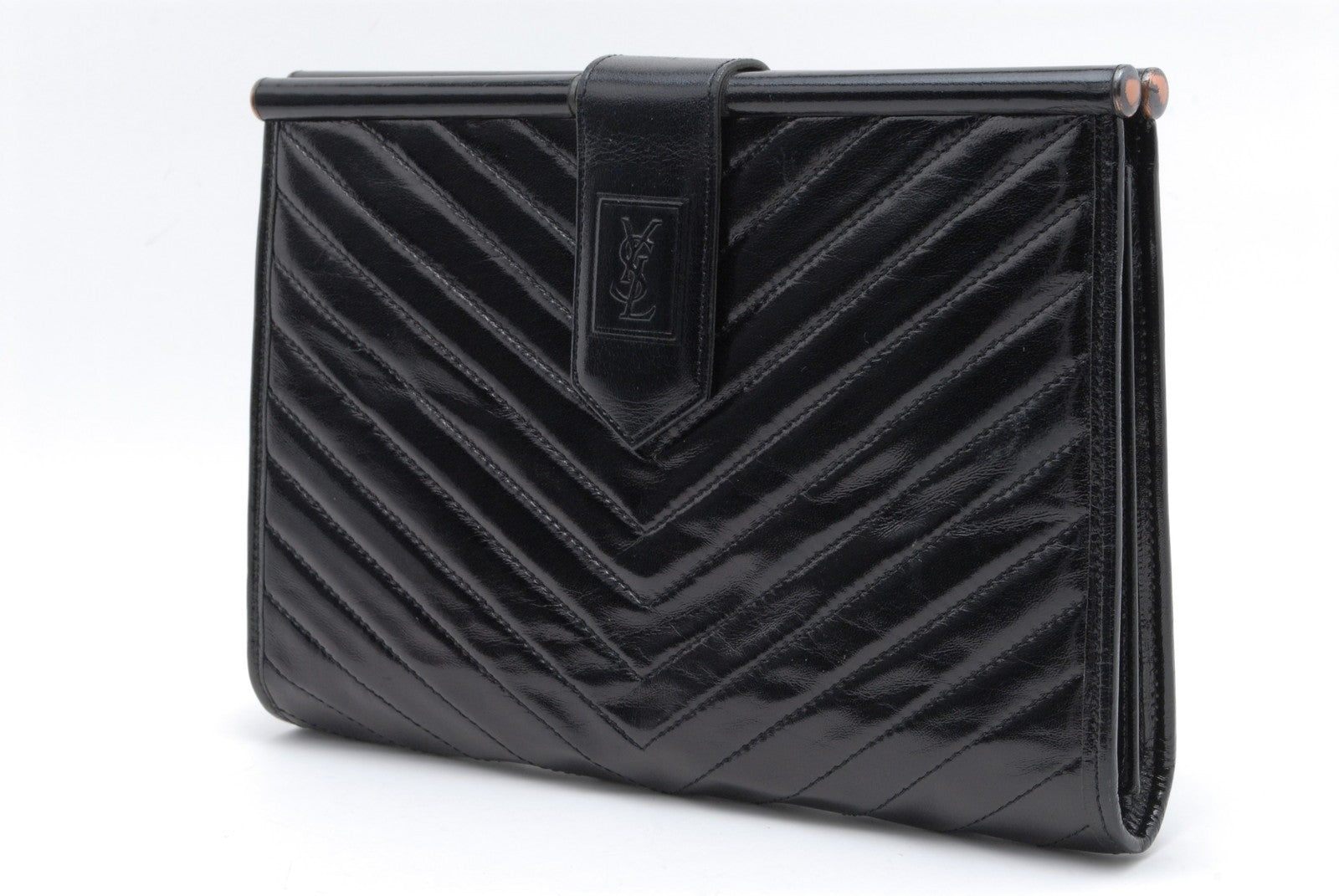 Yves Saint Laurent YSL Chevron Clutch - Black, Patent Leather