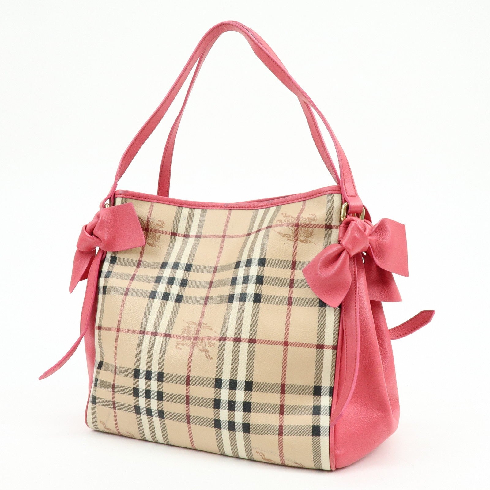 Burberry Side Ribbon Hand Bag - Nova Plaid Brown Pink, PVC Coating Canvas, Leather