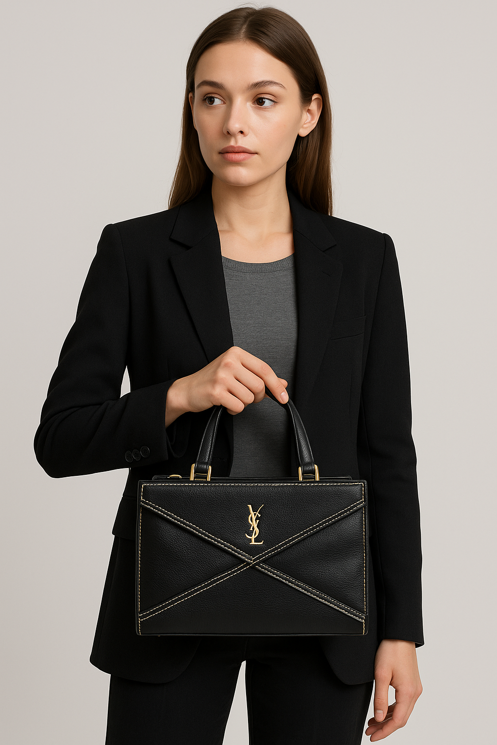Yves Saint Laurent Hand Tote Stitch Bag Leather Black Vintage