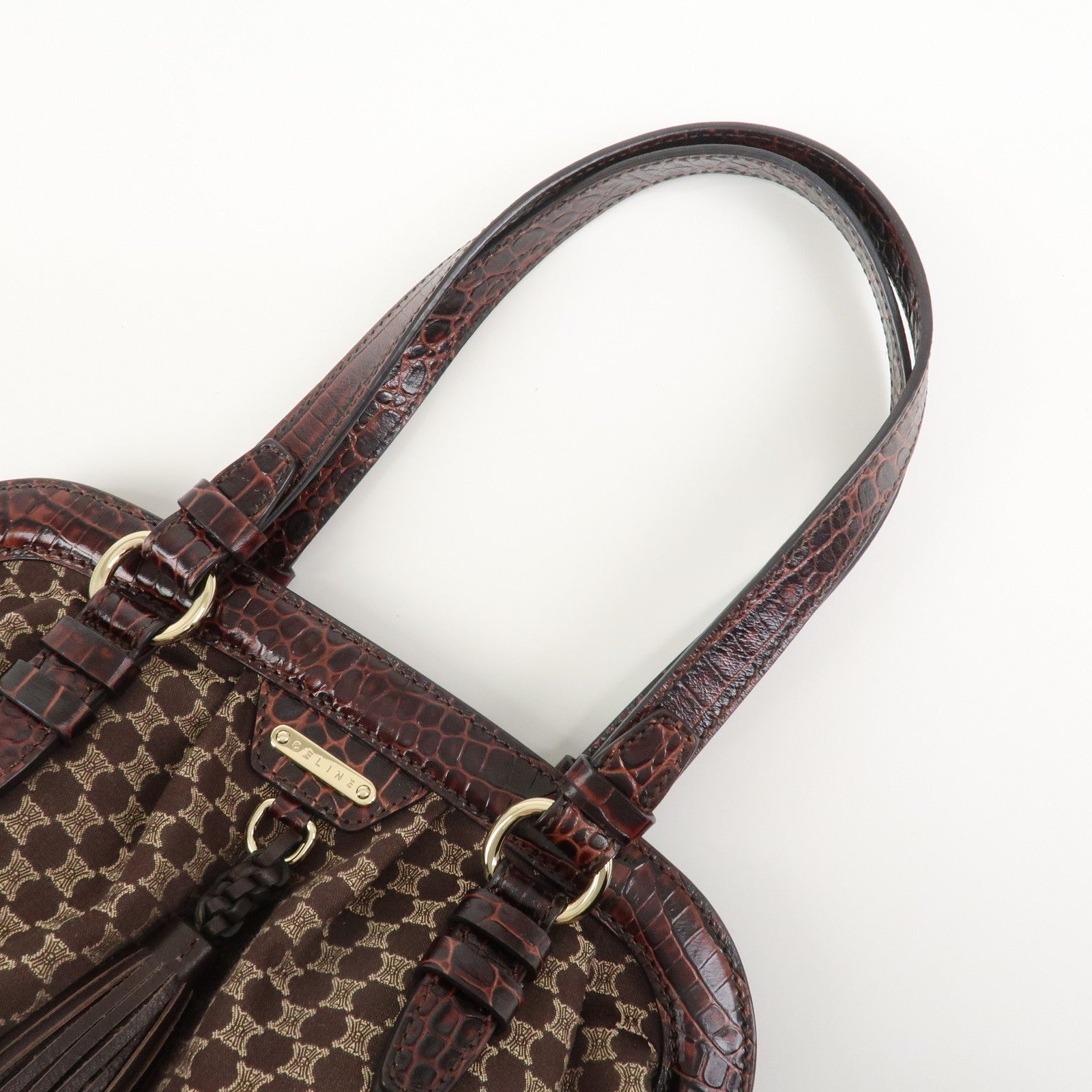 Celine Macadam Canvas Emboss Leather Shoulder Bag - Dark Brown, Canvas Leather