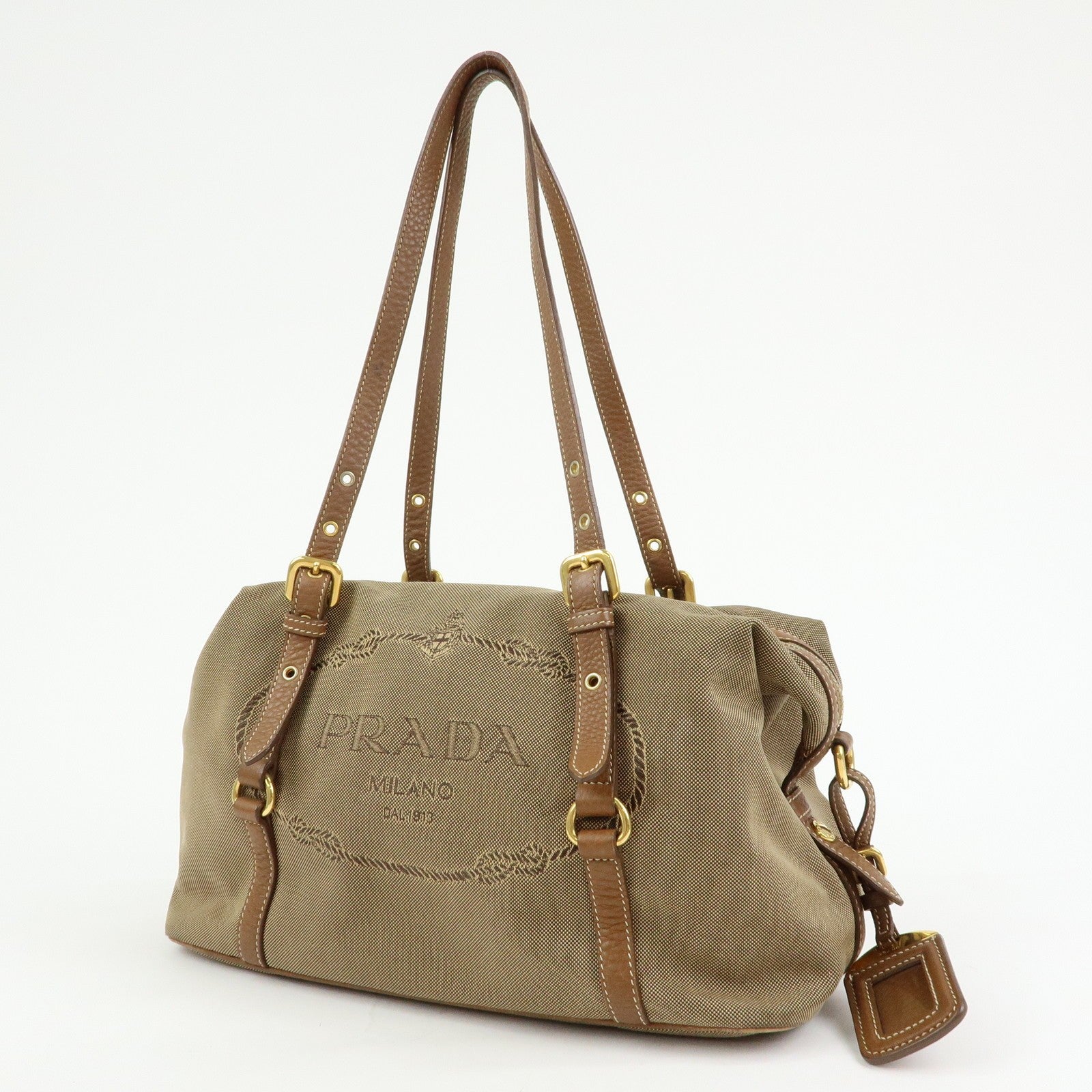 Prada Boston Bag - Beige, Canvas and Leather