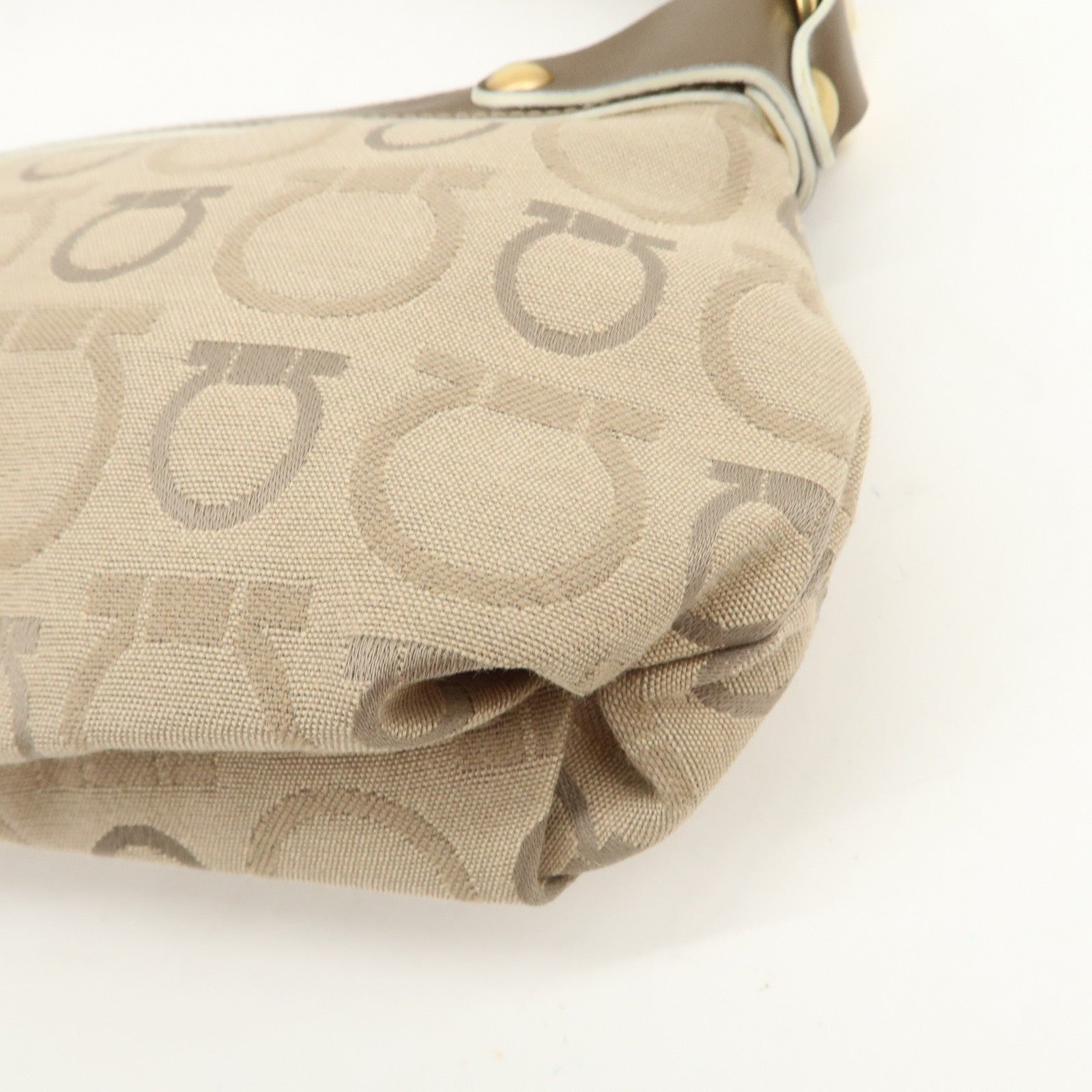 Ferragamo Gancini Shoulder Hand Bag - Beige Brown, Canvas Leather 