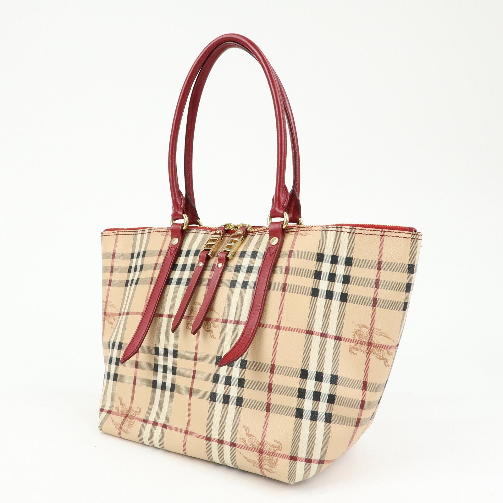 Burberry Nova Plaid Tote Bag - Beige, Red, PVC Leather 