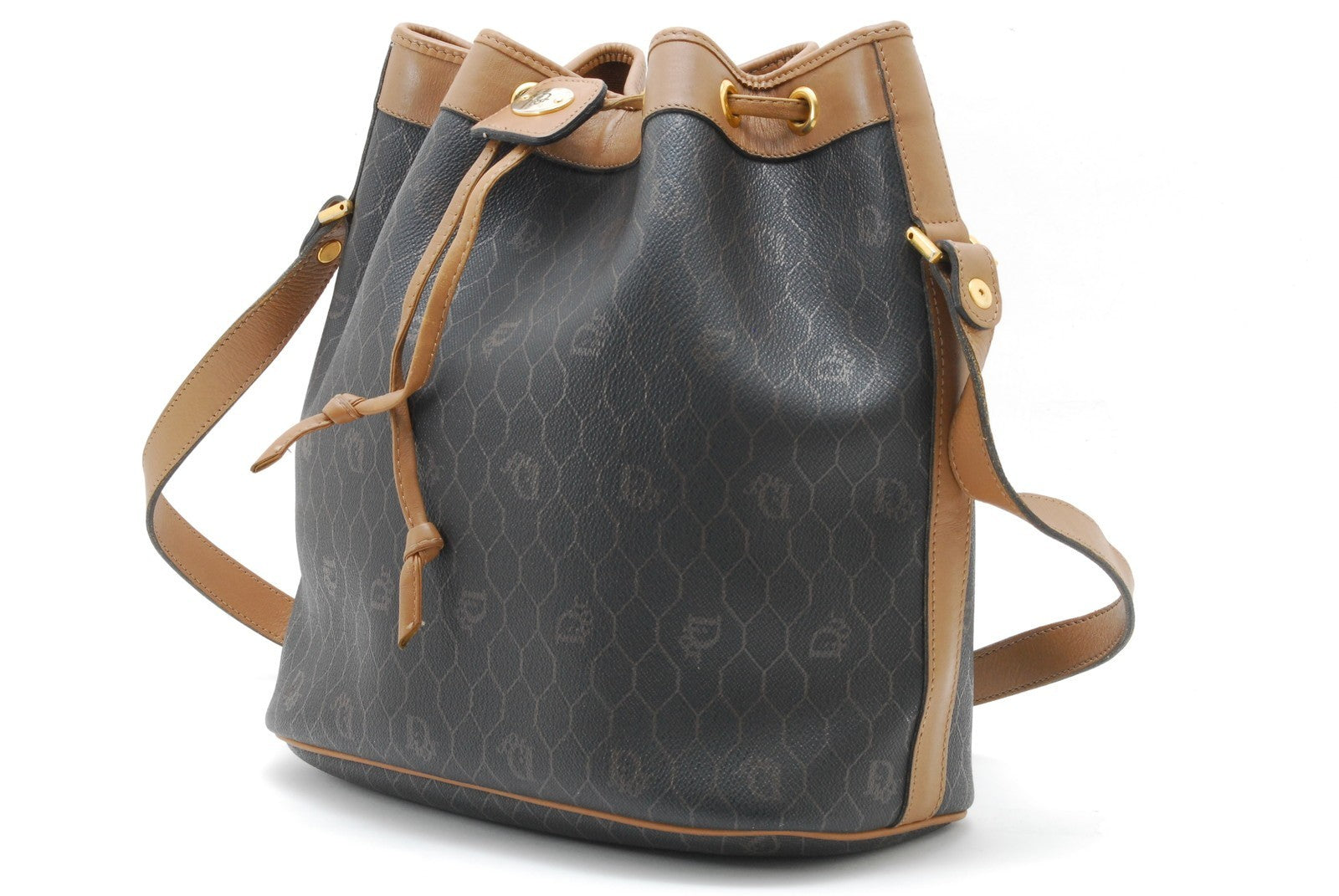 Dior Honeycomb Drawstring Shoulder Bag - Black Brown, Canvas Leather