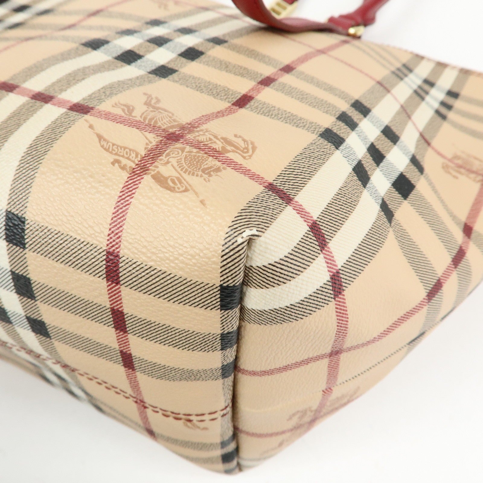 Burberry Nova Plaid Tote Bag - Beige, Red, PVC Leather 
