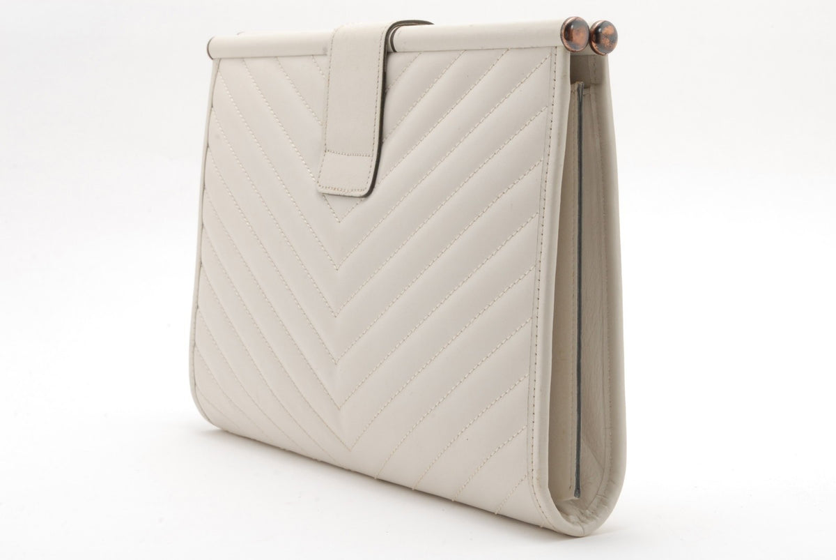 Saint Laurent Chevron Quilted Clutch Bag - White, Leather