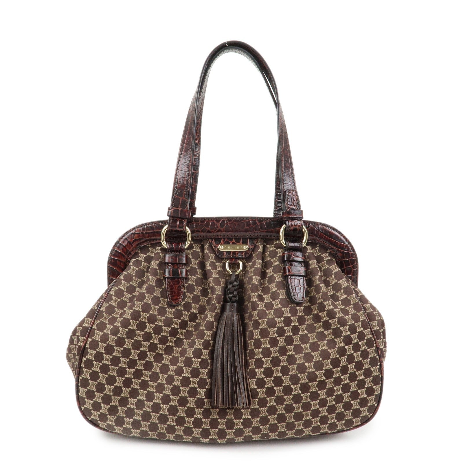 Celine Macadam Canvas Emboss Leather Shoulder Bag - Dark Brown, Canvas Leather