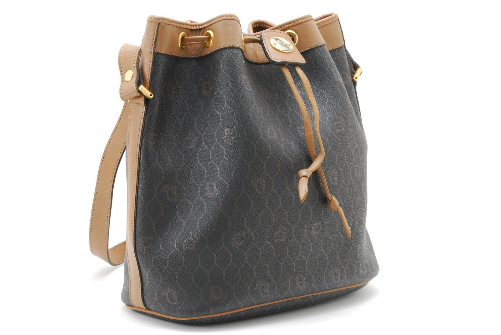 Dior Honeycomb Drawstring Shoulder Bag - Black Brown, Canvas Leather