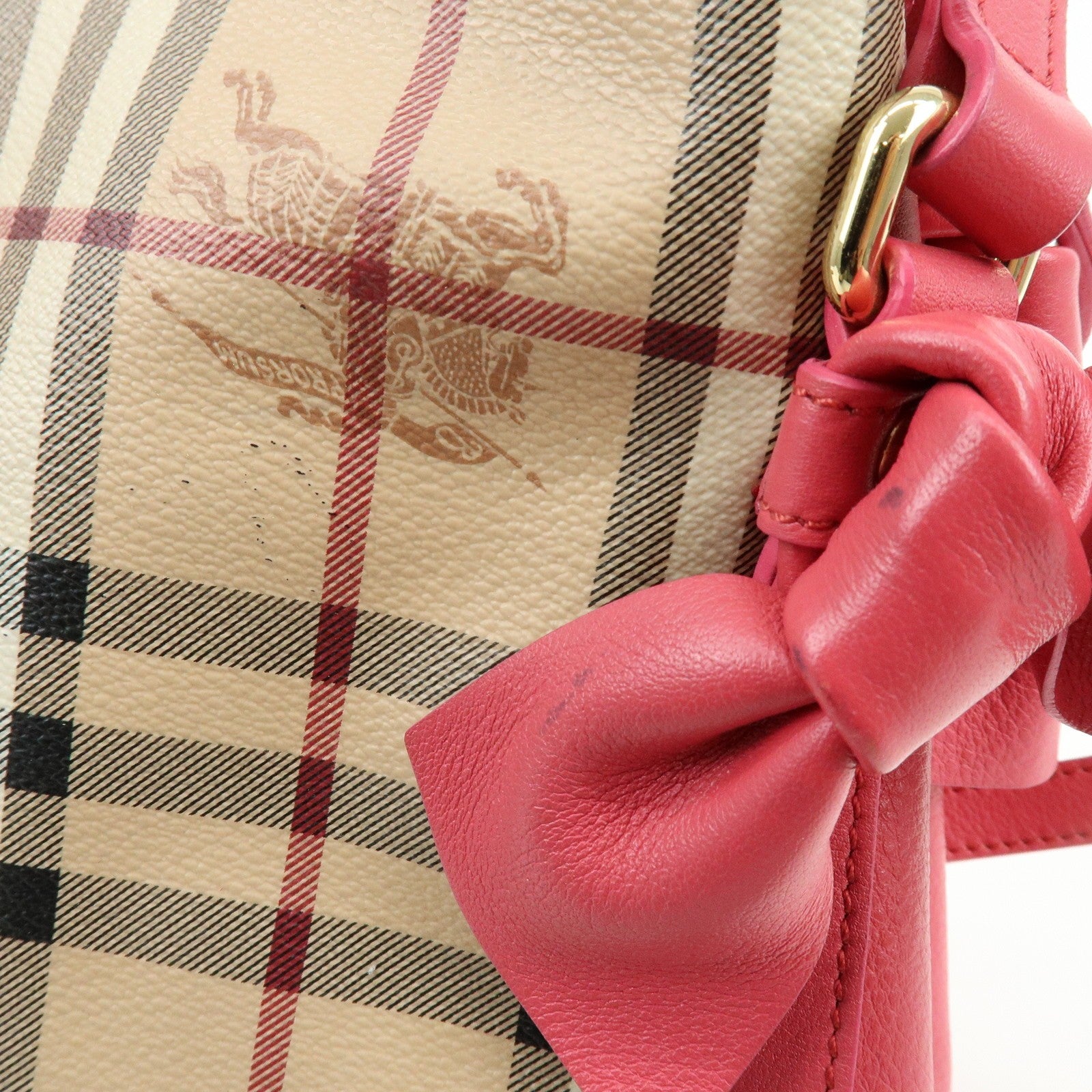 Burberry Side Ribbon Hand Bag - Nova Plaid Brown Pink, PVC Coating Canvas, Leather