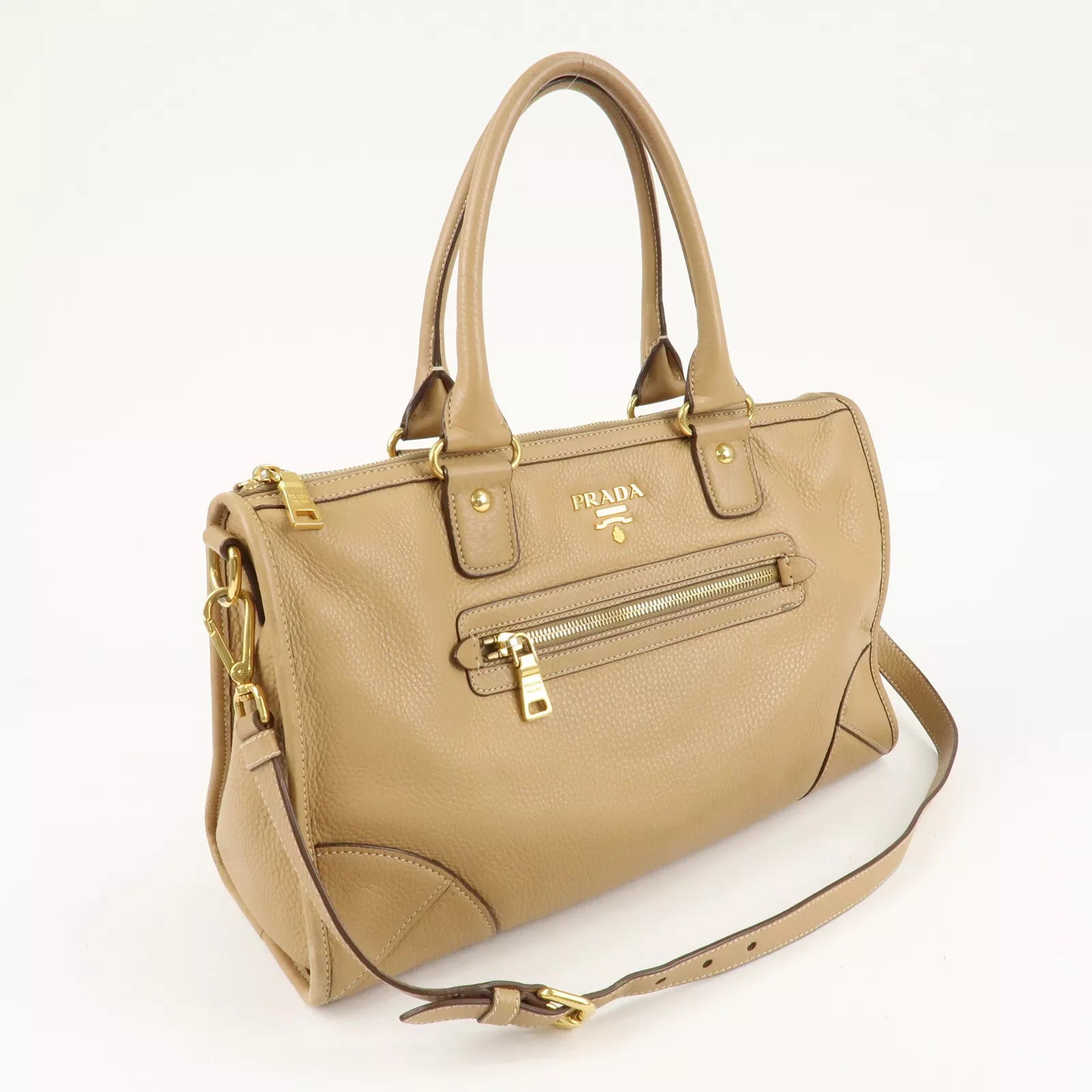 PRADA Logo Leather 2Way Bag - Beige, Leather