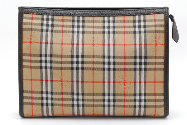 Burberry Nova Check Clutch Pouch Bag - Brown, Leather Fabric