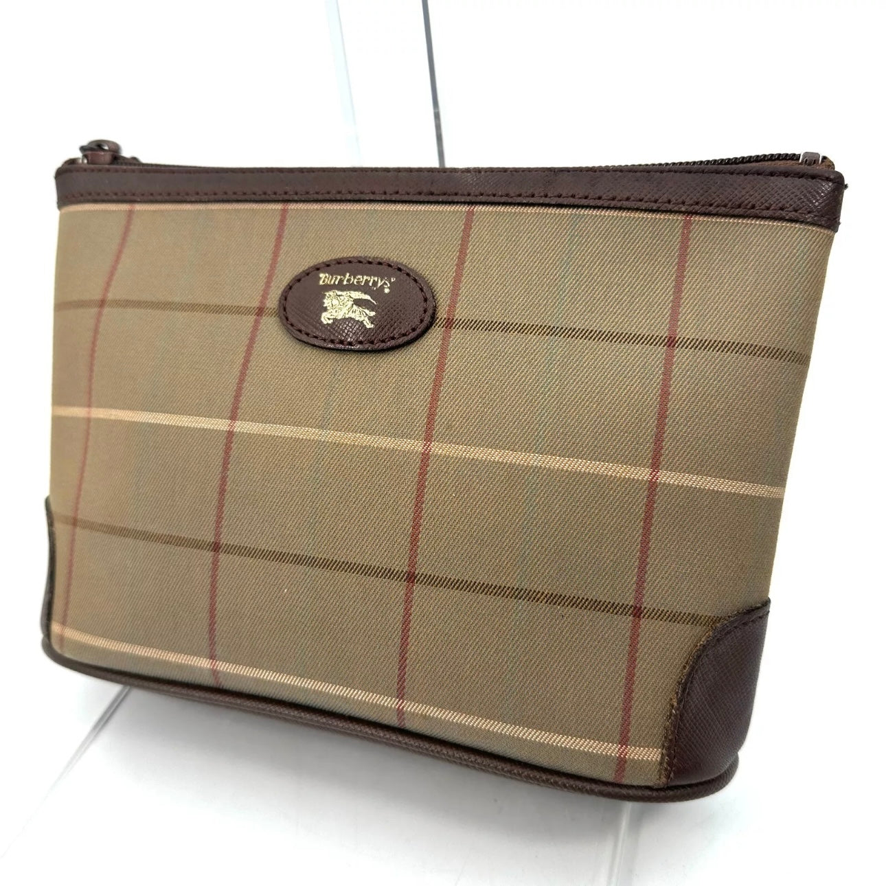 BURBERRY Nova Check Pouch Brown Leather