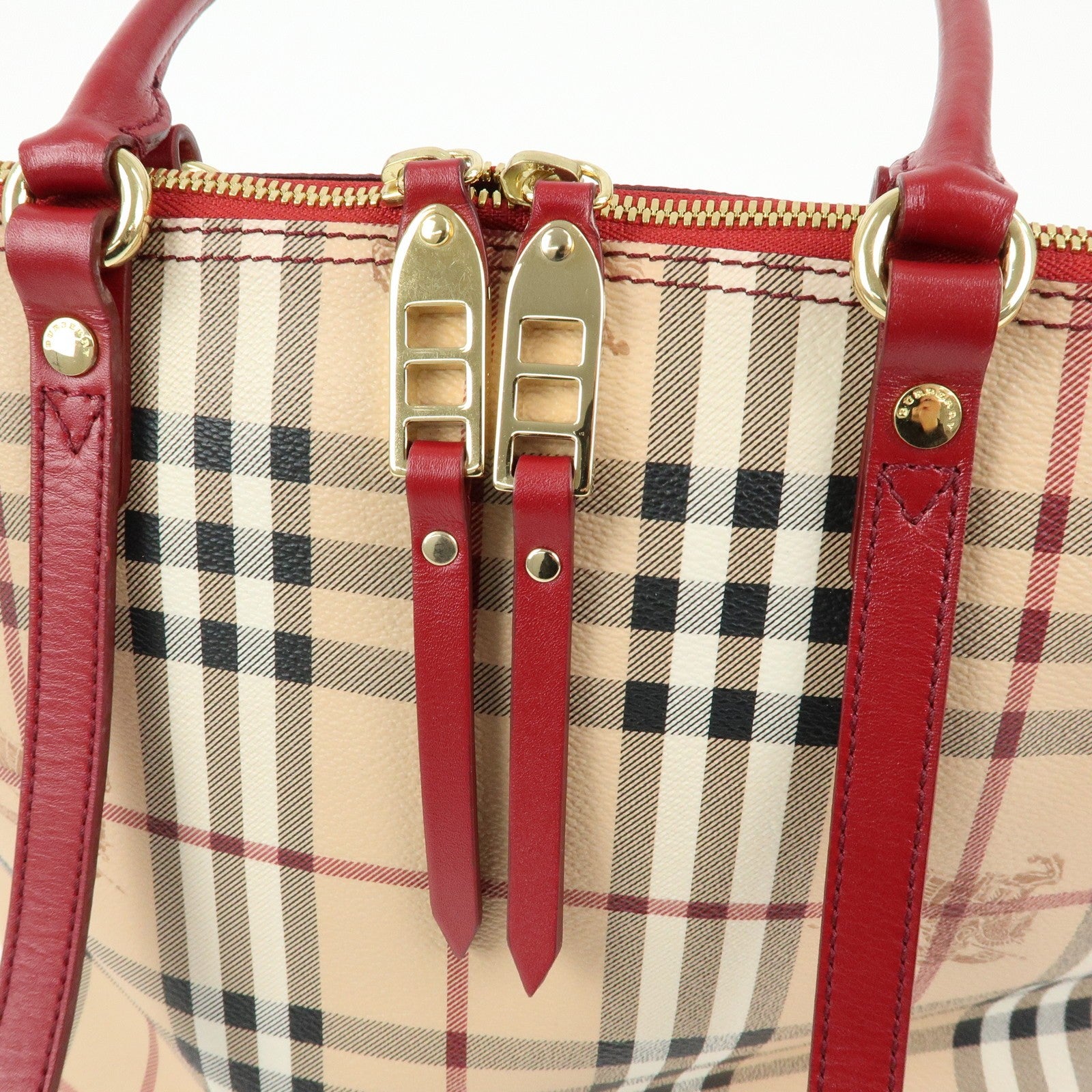 Burberry Nova Plaid Tote Bag - Beige, Red, PVC Leather 