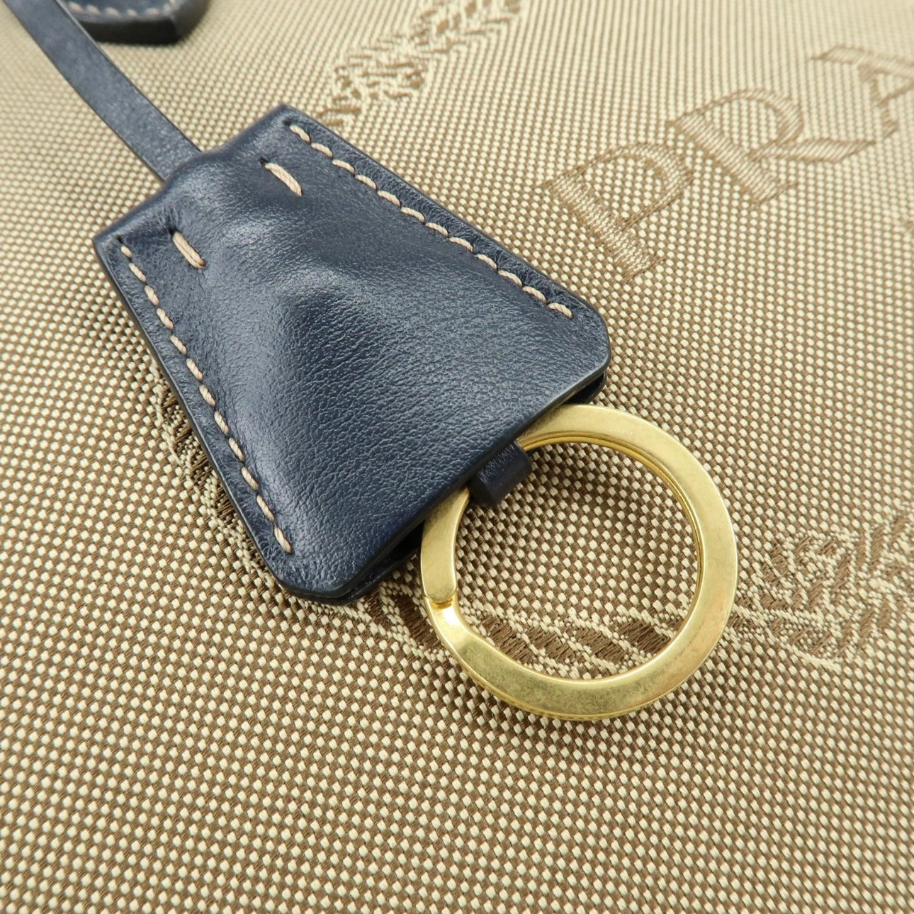 PRADA Logo Jacguard Leather Tote Bag Beige Navy