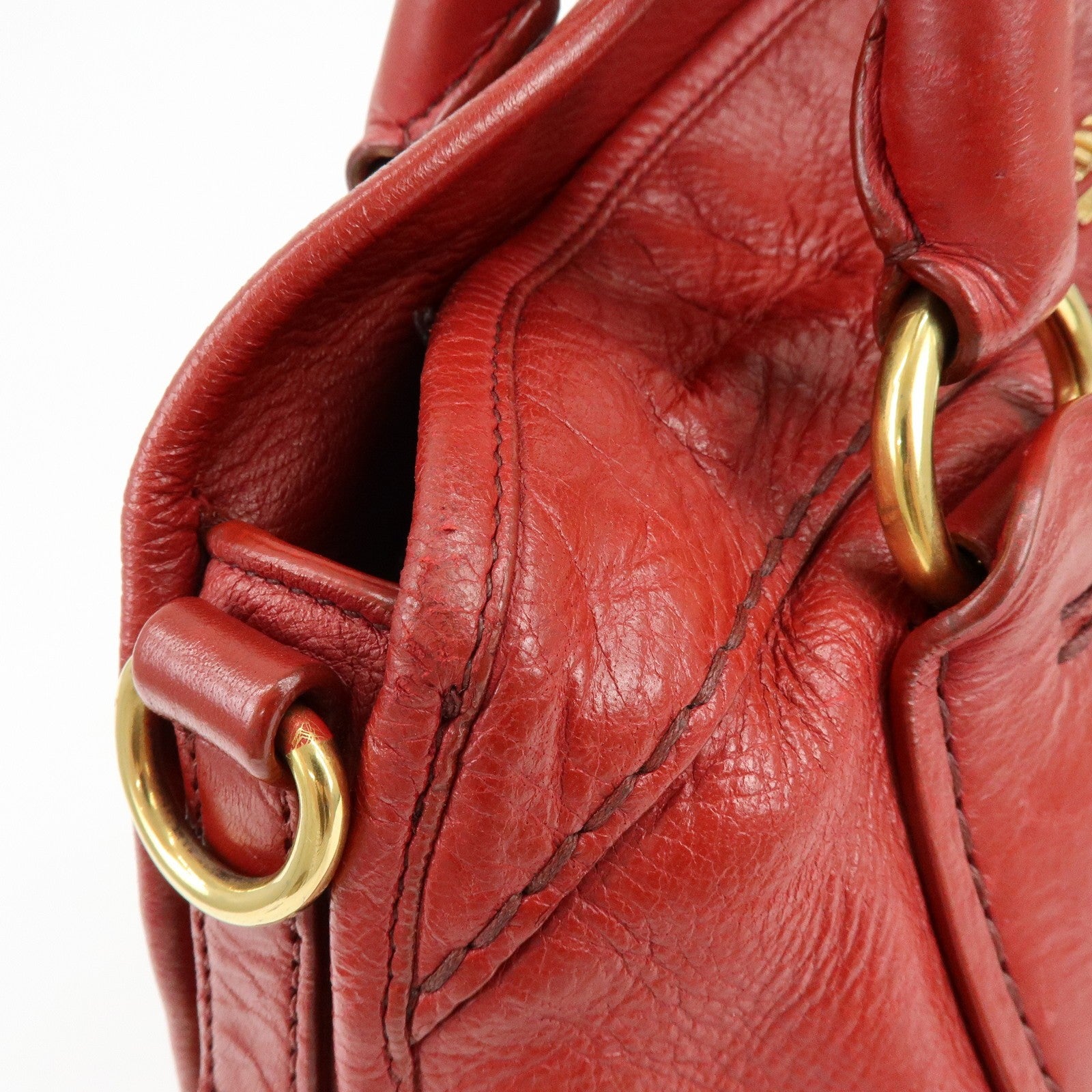 Prada Cervo Shine Leather Bowler Bag 2Way Tote Bag - Red, Leather