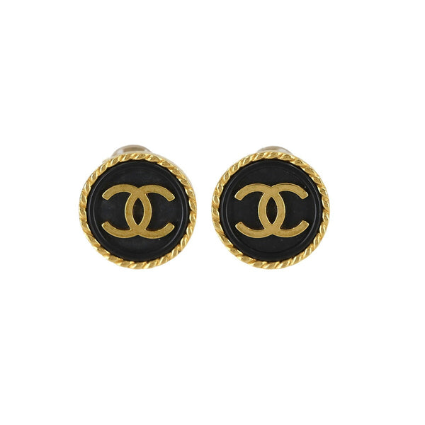 Chanel Round Coco Logos Earrings - Black, Gold 