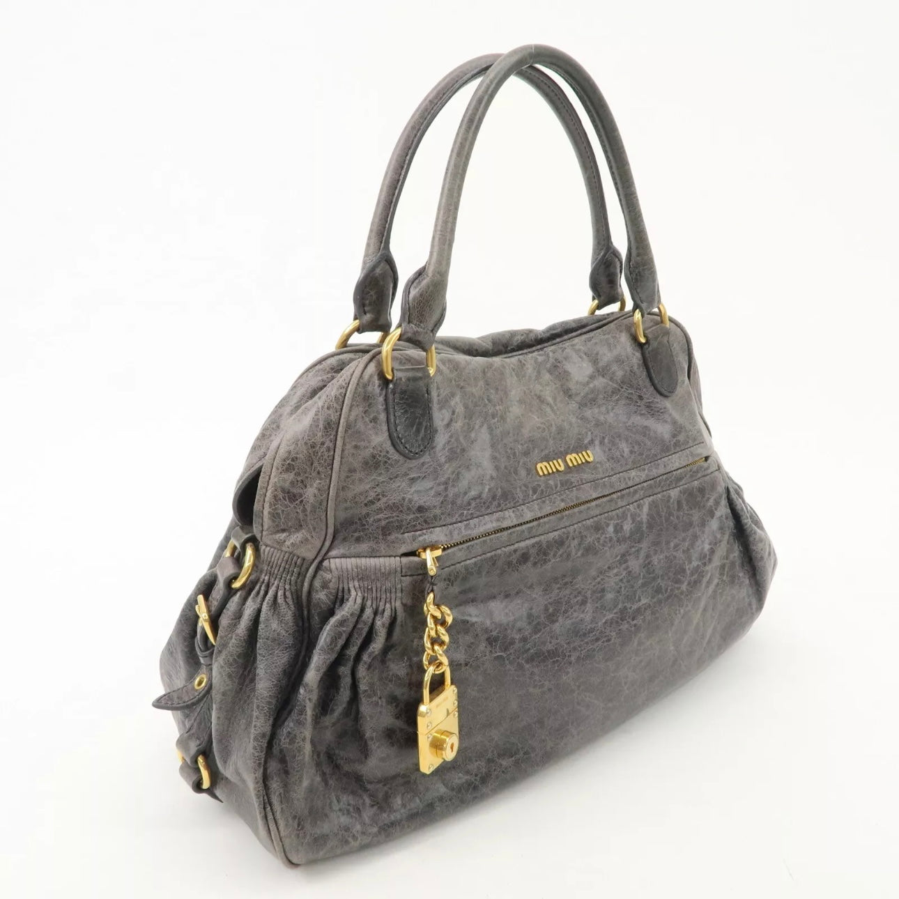 MIU MIU Leather Shoulder Bag Gray Gold Hardware