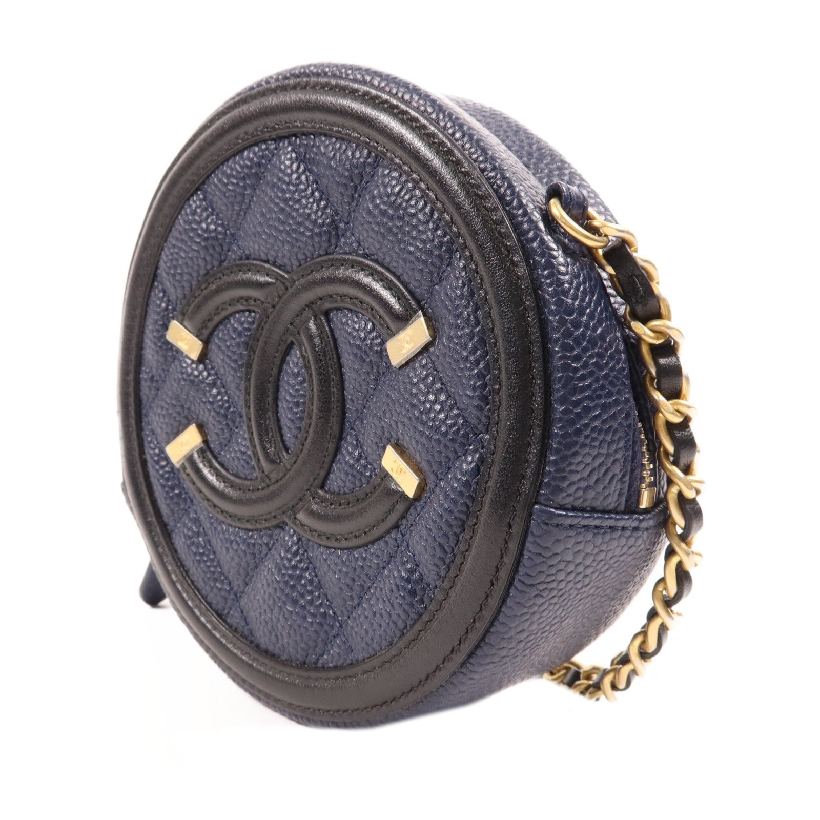 Chanel CC GHW Filigree Round Chain Shoulder Bag - Navy/Black, Calfskin Leather