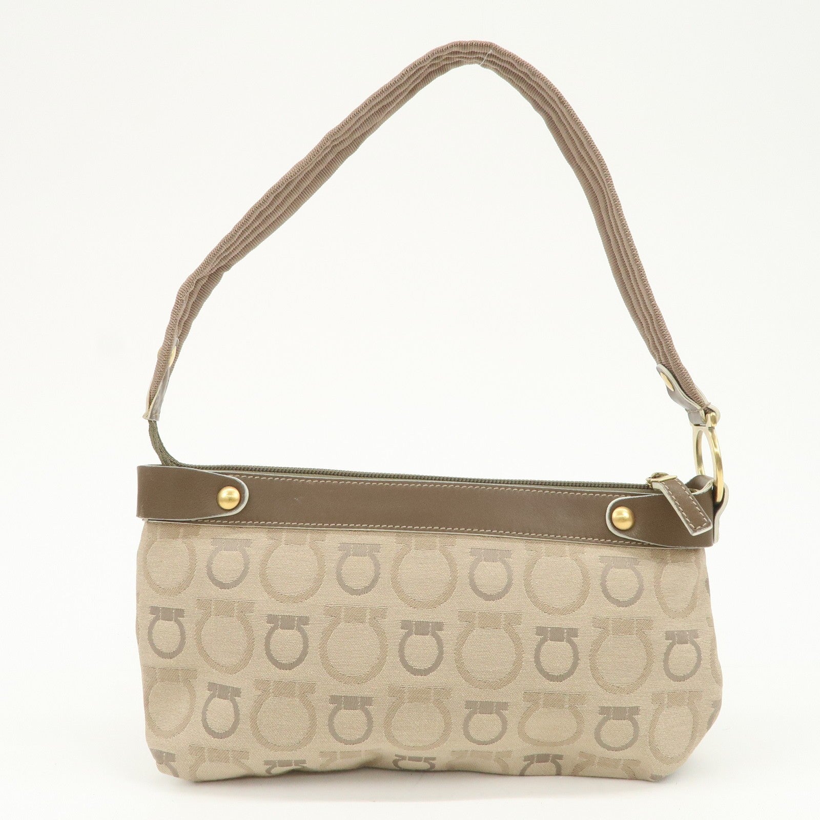 Ferragamo Gancini Shoulder Hand Bag - Beige Brown, Canvas Leather 