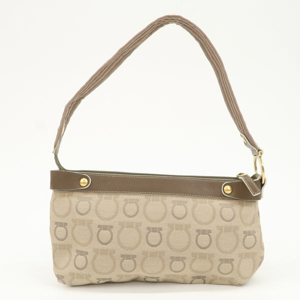 Ferragamo Gancini Shoulder Hand Bag - Beige Brown, Canvas Leather