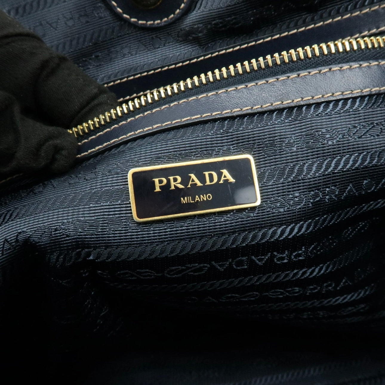 PRADA Logo Jacguard Leather Tote Bag Beige Navy