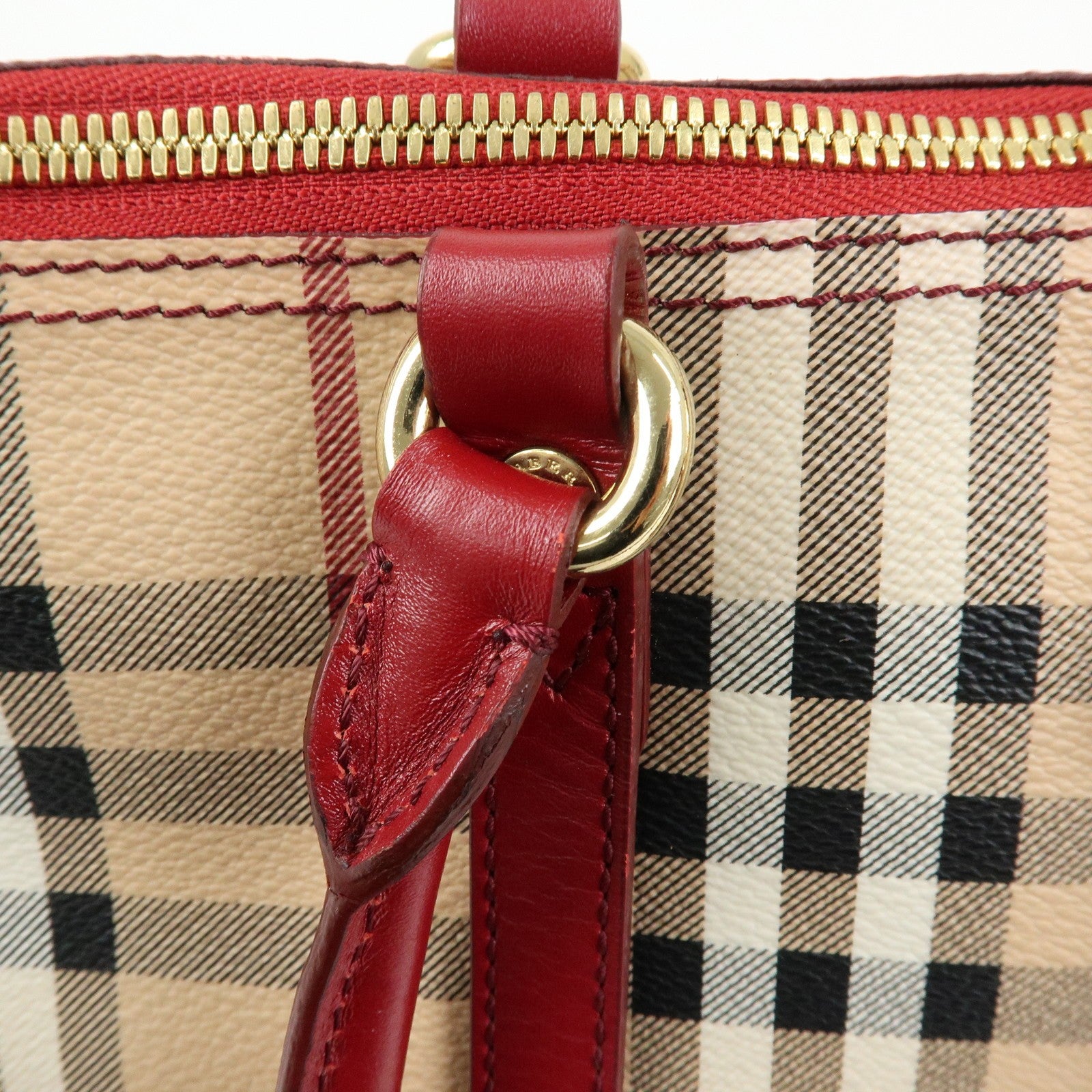 Burberry Nova Plaid Tote Bag - Beige, Red, PVC Leather 