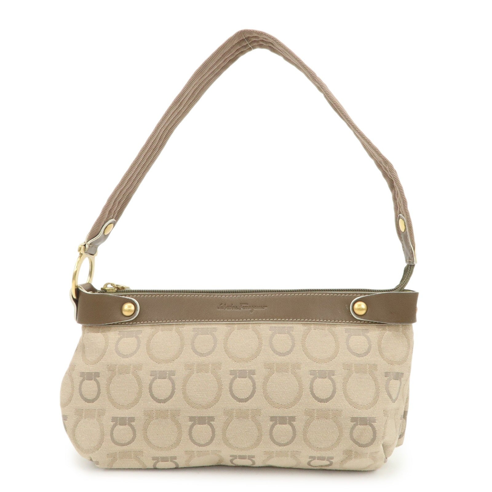 Ferragamo Gancini Shoulder Hand Bag - Beige Brown, Canvas Leather 