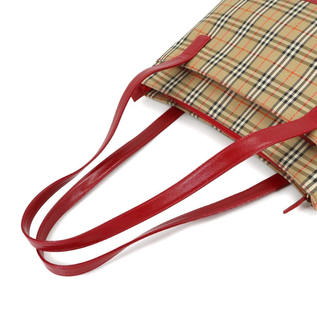 Burberry Plaid Tote Bag - Brown, Red, Canvas, Leather