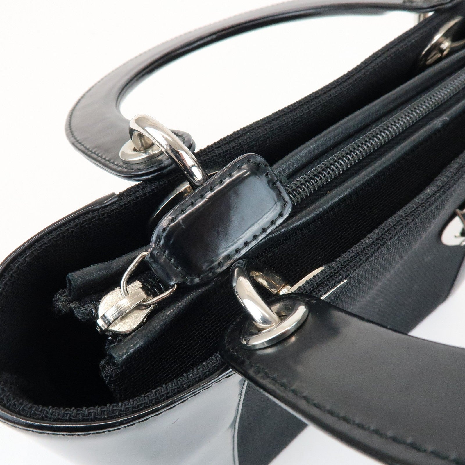 Christian Dior Lady Dior Hand Bag - Black, Canvas and Patent Leather