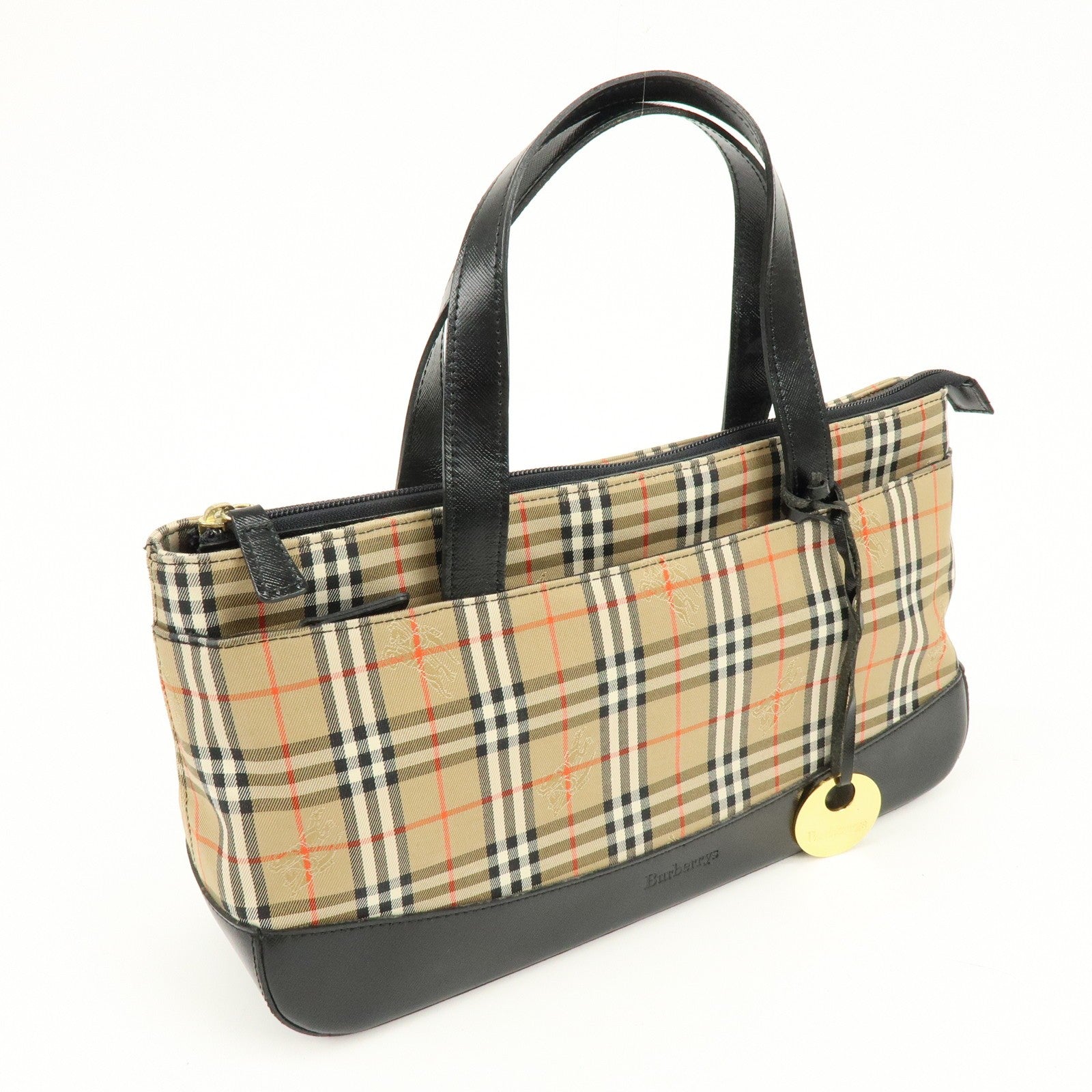 Burberry Nova Plaid Tote Bag - Brown, Black, Canvas, Leather 