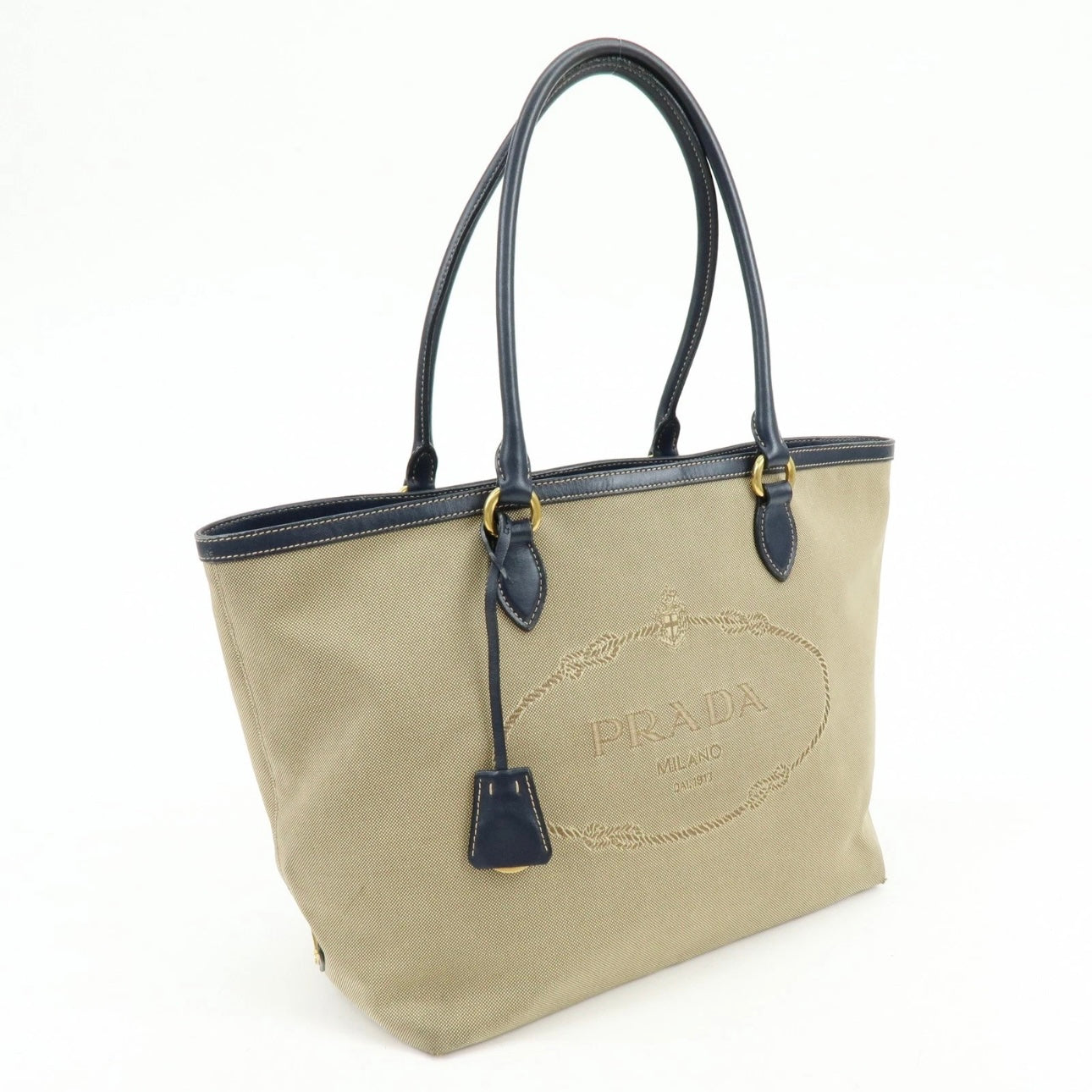PRADA Logo Jacguard Leather Tote Bag Beige Navy