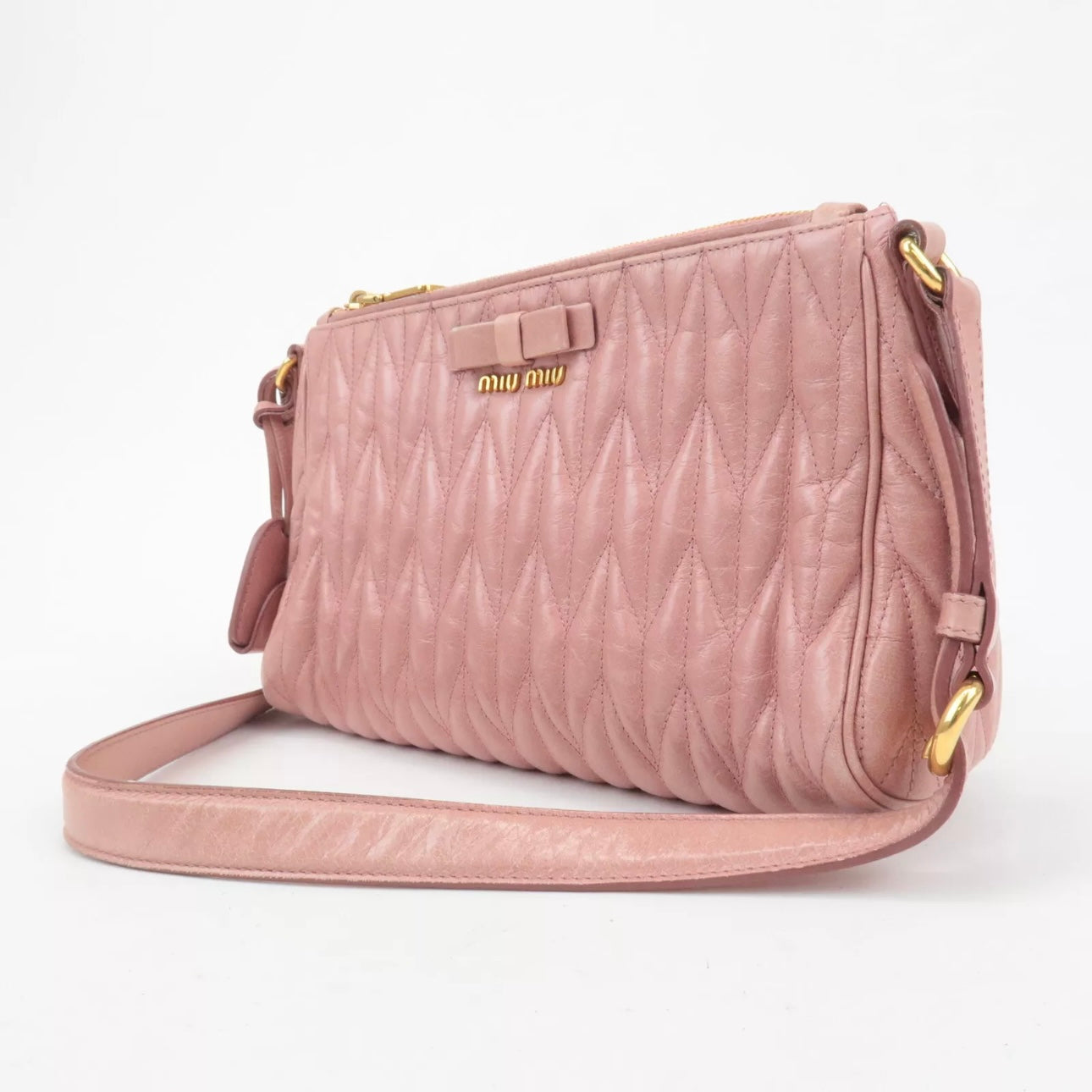Leather Ribbon Gathered Shoulder Bag Pink