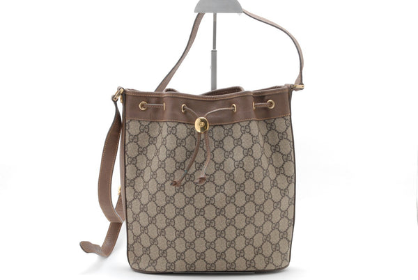 Gucci GG Supreme Monogram Canvas Drawstring Bucket Shoulder Bag - Brown, PVC Leather