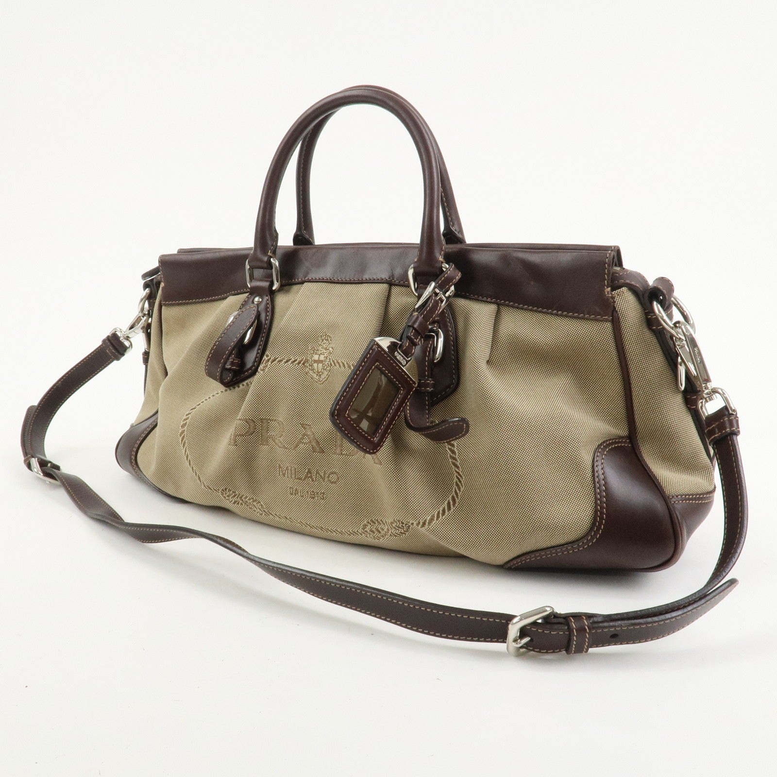 Prada Logo 2Way Shoulder Hand Bag - Brown, Canvas and Leather