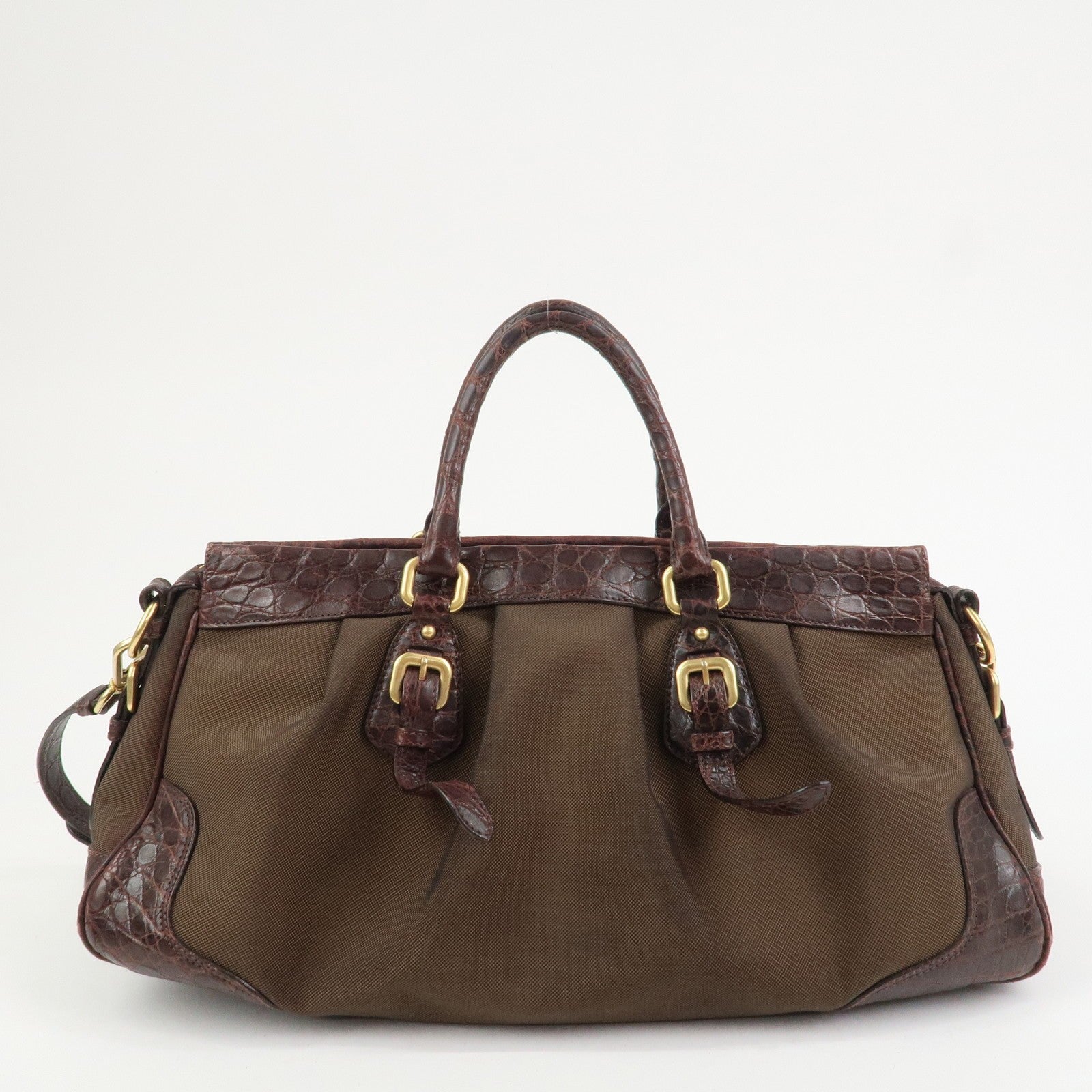 Prada 2Way Shoulder Bag - Brown, Canvas and Embossed Leather