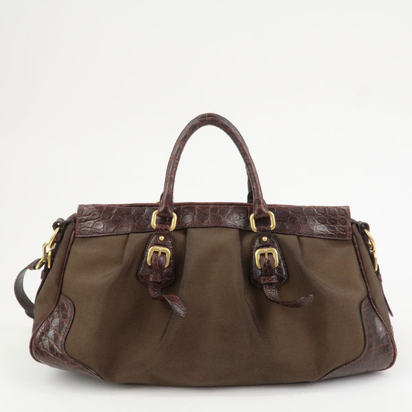 Prada 2Way Shoulder Bag - Brown, Canvas and Embossed Leather