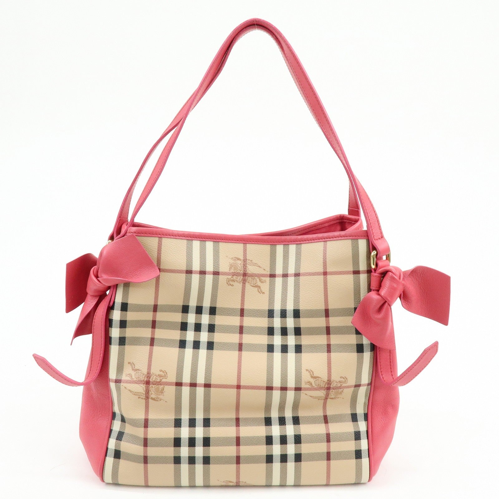 Burberry Side Ribbon Hand Bag - Nova Plaid Brown Pink, PVC Coating Canvas, Leather
