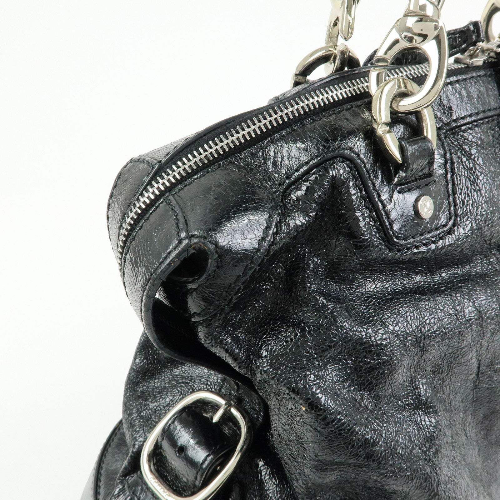 Celine Macadam Stamped Boston Hand Bag - Black, Patent Leather