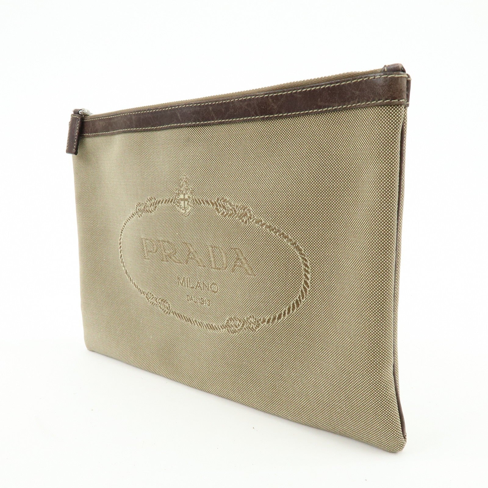 Prada Logo Jacquard Clutch Bag - Khaki, Jacquard Leather