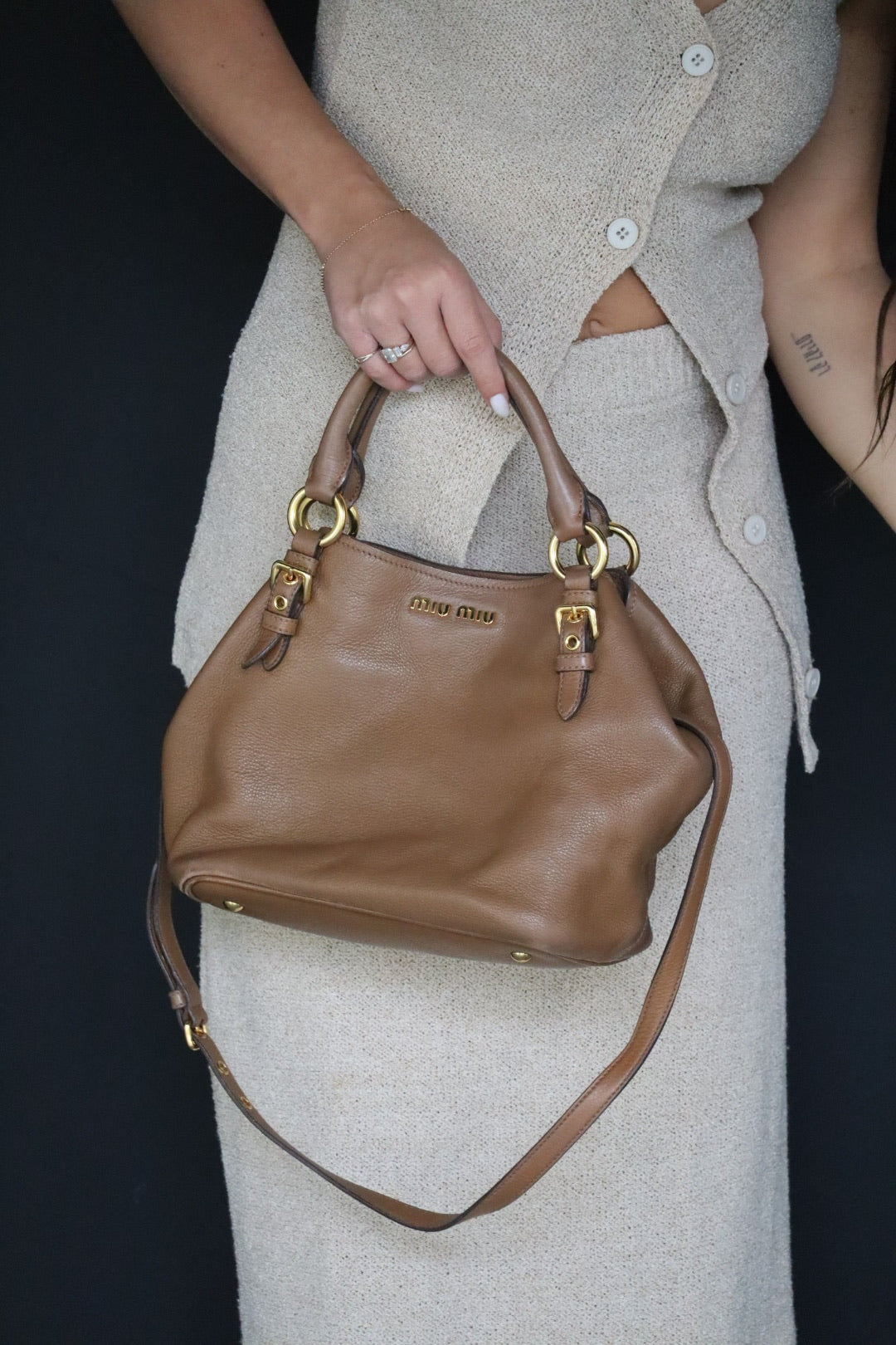 MIU MIU Vitello Phenix Leather Shoulder& Hand Bag Brown