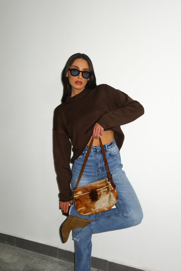 FENDI Calf Leather Shoulder Bag Brown Beige