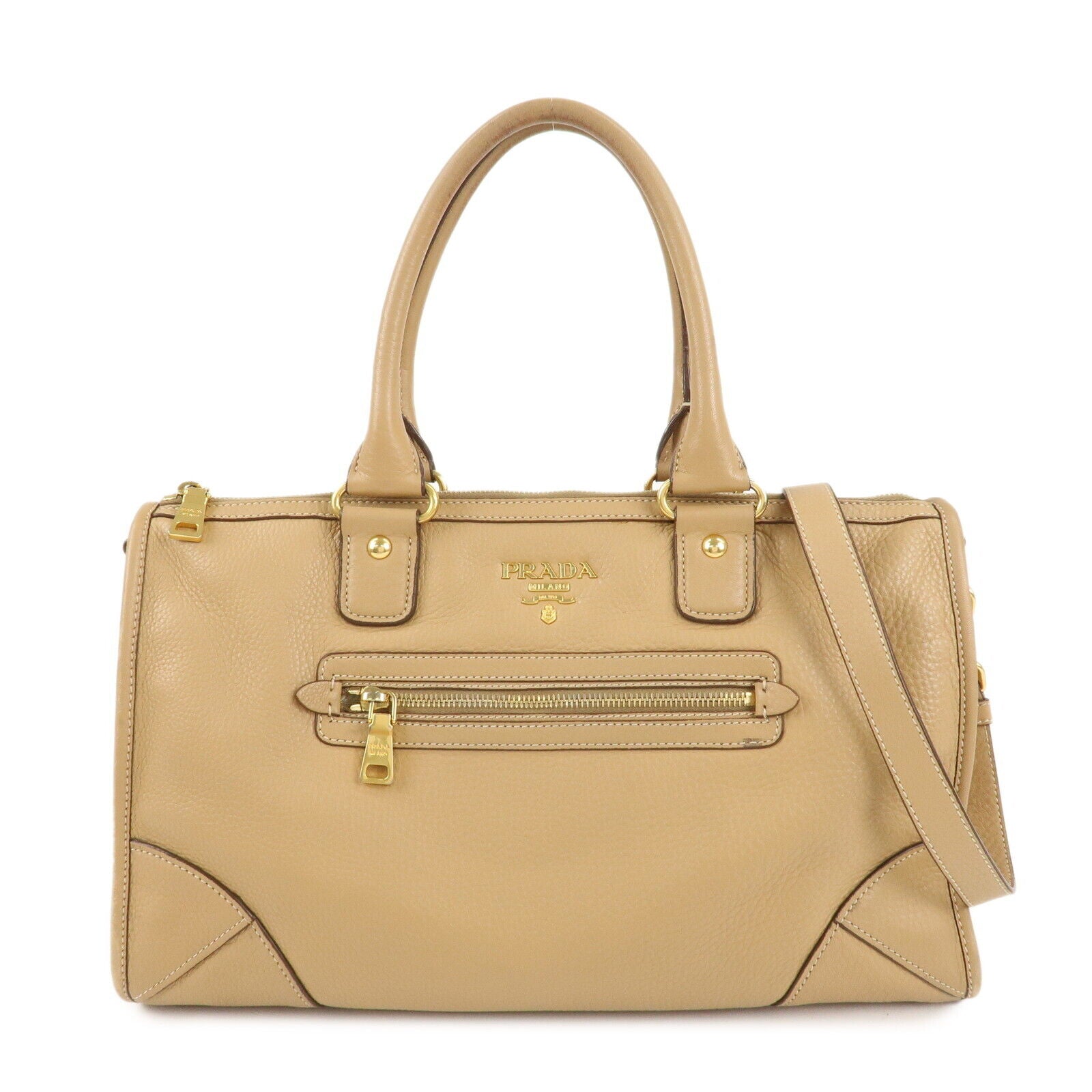 PRADA Logo Leather 2Way Bag - Beige, Leather
