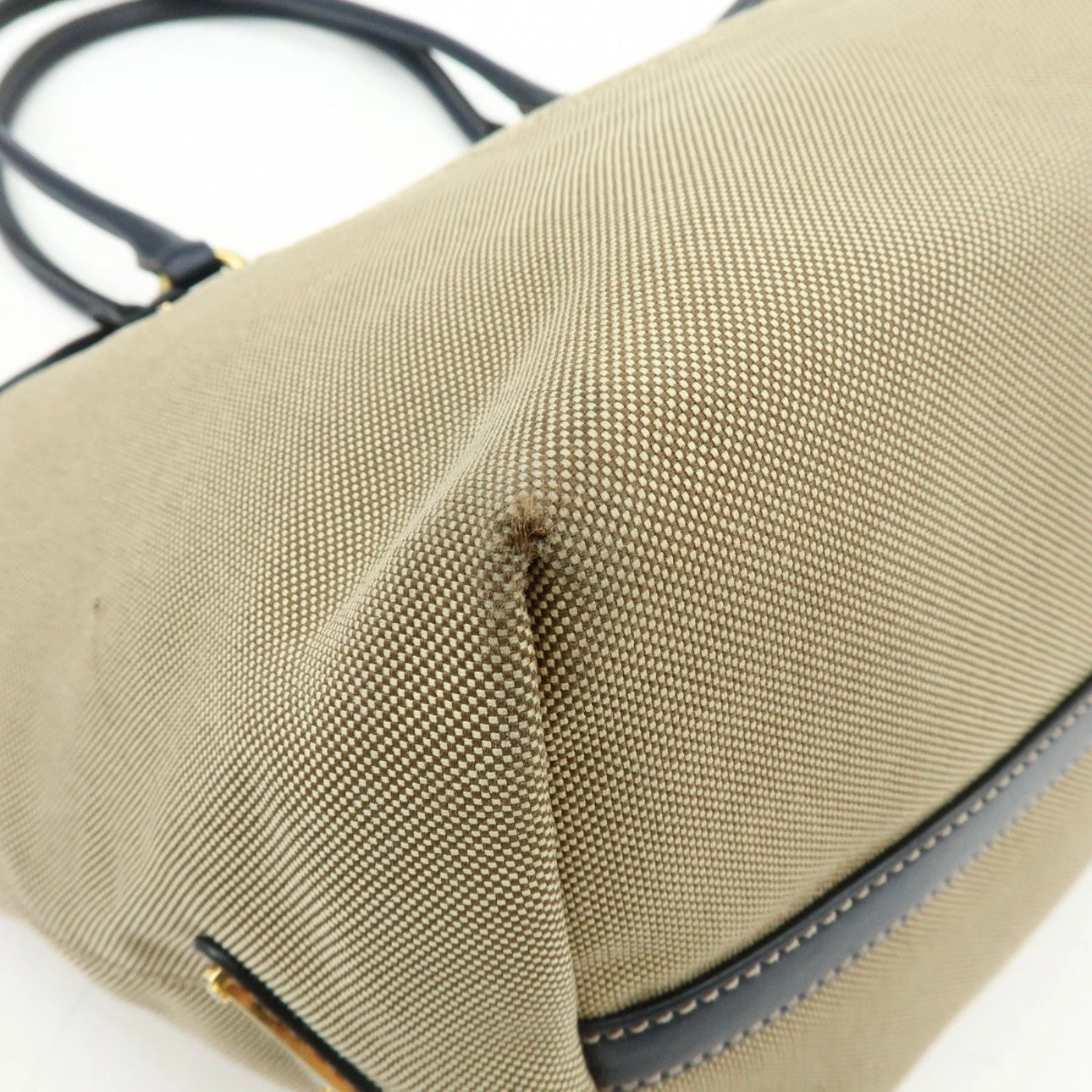 PRADA Logo Jacguard Leather Tote Bag Beige Navy