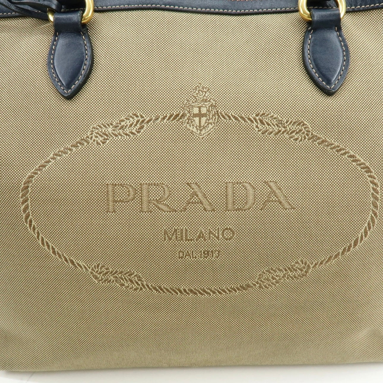PRADA Logo Jacguard Leather Tote Bag Beige Navy